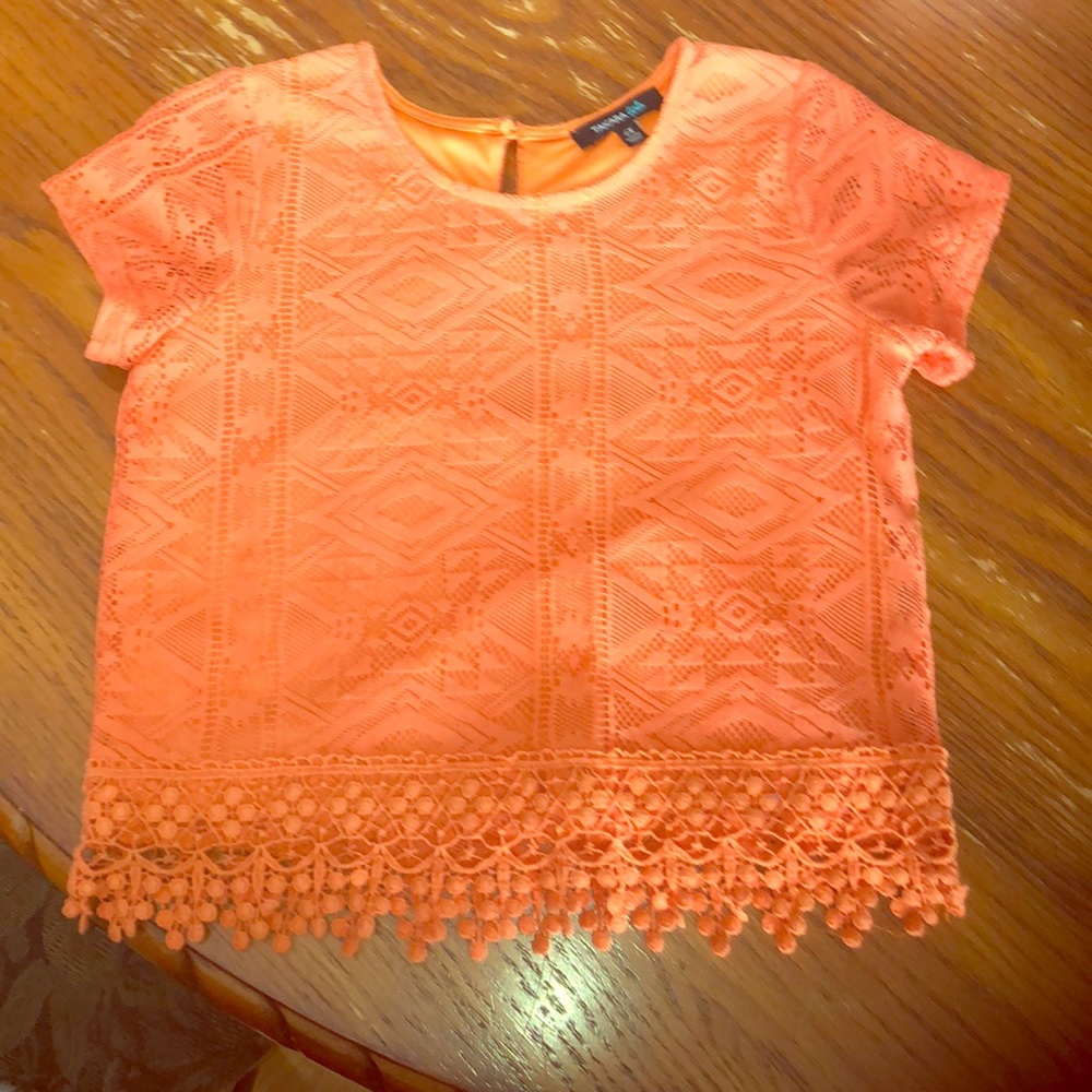 ☀️3/$12 Orange ‘Tamara’ Top with Lace Overlay